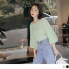 Mesh Bubble Sleeve V-neck Top