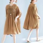 3/4-sleeve Ruched A-line Dress Yellow - One Size