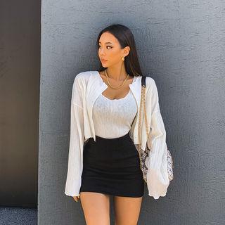 Set: Lettuce-edge Rib-knit Cardigan + Sleeveless Top