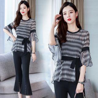 Set: Print Chiffon Top + Boot Cut Pants