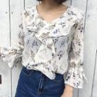 3/4-sleeve Ruffle Floral Blouse
