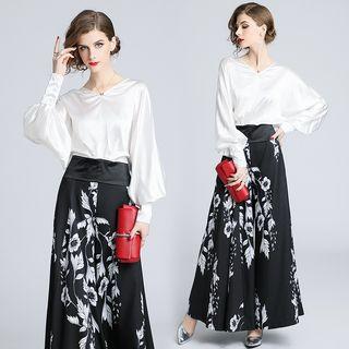 Set: Balloon-sleeve Blouse + Floral Print Wide-leg Pants