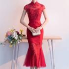 Short-sleeve Lace Midi Mermaid Prom Dress