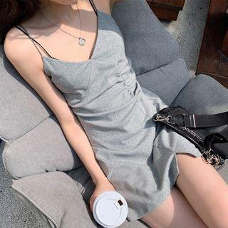 Spaghetti Strap Shirred Slit Mini Dress
