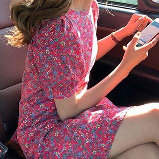 Floral Print Puff-sleeve A-line Dress As Shown In Figure - One Size