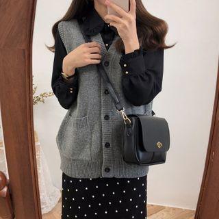 Plain Shirt / Dotted Midi Straight-fit Skirt / Sweater Vest / Set