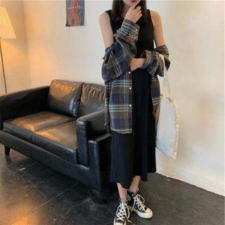 Long-sleeve Plaid Shirt / Sleeveless Plain Knit Dress