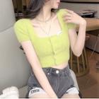 Short-sleeve Crop Knit Top Green - One Size