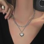 Set: Chain Necklace + Heart Pendant Necklace Metal Love Heart Necklace - Silver - One Size