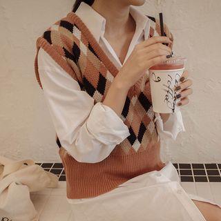 V-neck Check Knit Vest