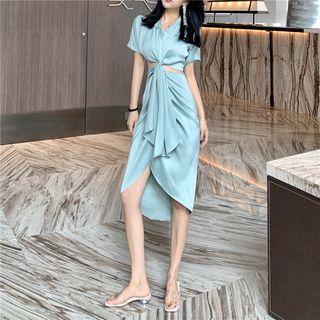 Set: Tie-waist Short-sleeve Crop Top + Irregular Hem High Waist Skirt