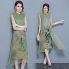 Printed 3/4-sleeve Mock Two-piece Midi Dress