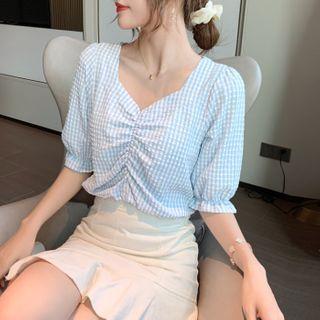Plaid Ruched Elbow-sleeve Blouse