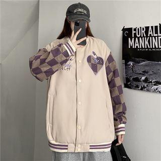 Embroidered Checkered Panel Baseball Jacket