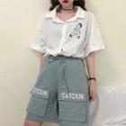 Set:lettering Printed Single-breasted Blouse + High-waist Cargo Shorts