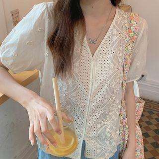Eyelet V Neck Short Sleeve Chiffon Blouse Almond - One Size
