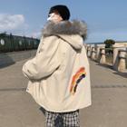 Faux Fur Hooded Rainbow Printed Coat