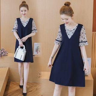 Mock Two Piece Lace Elbow Sleeve Dress