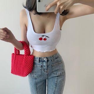 Embroidered Frill Trim Cropped Tank Top