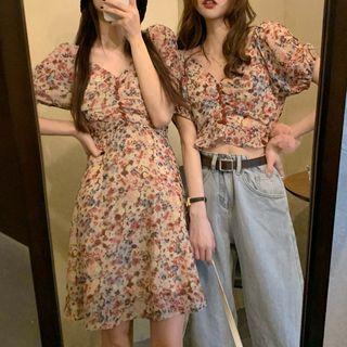 Short-sleeve Floral Print Midi A-line Dress / Blouse