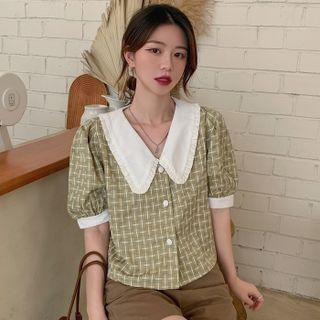 Puff-sleeve Collared Button-up Plaid Blouse