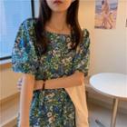 Floral Print Puff-sleeve A-line Dress Bluish Green - One Size