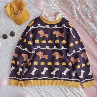 Dog Pattern Sweater Sweater - Dog & Bone - Dark Purple - One Size