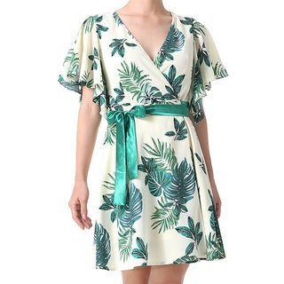 Leaf Print Short-sleeve Wrap Mini A-line Dress