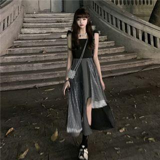 Ruffled Strap Asymmetrical Midi A-line Lace Dress