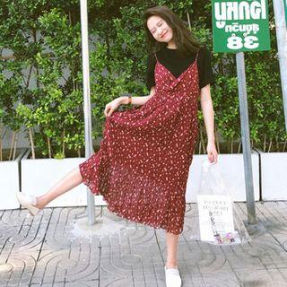 Set: Short Sleeve Plain Top+ Spaghetti-strap Floral Print A-line Dress