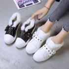 Faux Leather Fluffy Trim Sneakers