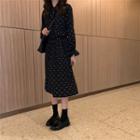 Long-sleeve Dotted Midi A-line Dress Long - Black - One Size