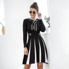 Long-sleeve Two Tone Tie-neck Knit Midi Dress Black - One Size
