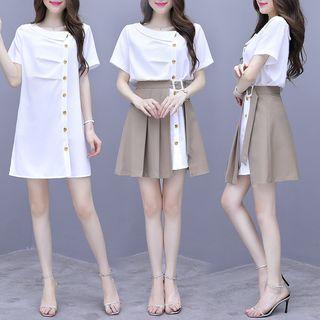 Set: Short-sleeve A-line Dress + Slit A-line Skirt