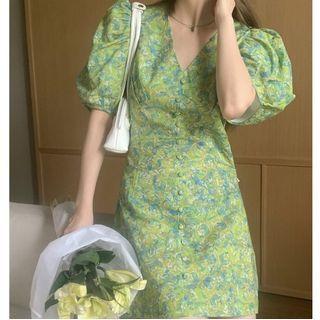 Puff-sleeve Flower Print Mini Sheath Dress Green - One Size