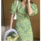 Puff-sleeve Flower Print Mini Sheath Dress Green - One Size