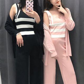 Set: Striped Knit Camisole + Cardigan + Wide-leg Pants
