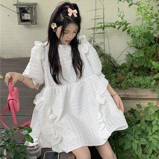 Puff-sleeve Ruffled Mini A-line Dress White - One Size