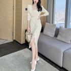 Long-sleeve V-neck Asymmetrical Slit Lace Sheath Dress