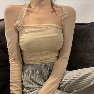 Long-sleeve Butterfly Applique Mesh Crop Top