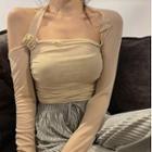 Long-sleeve Butterfly Applique Mesh Crop Top