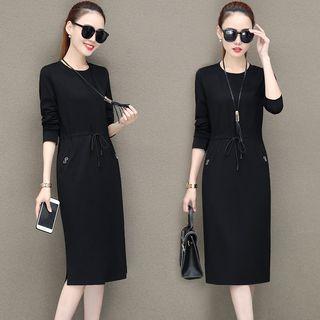 Long-sleeve Drawstring Waist Sheath Dress