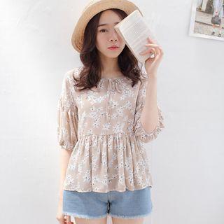Elbow-sleeve Tie-neck Printed Top