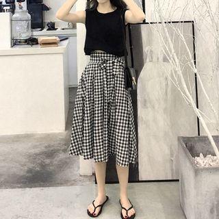 Set: Draped Sleeveless Top + Gingham A-line Skirt