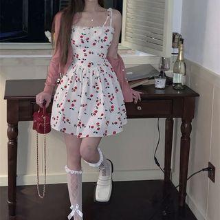 Long-sleeve Plain Knit Cardigan/ Cherry Printed Spaghetti-strap Dress