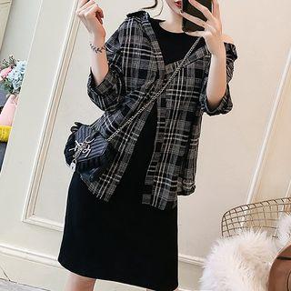 3/4-sleeve Plaid Mock Two Piece Dress