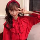 Lace Long-sleeve Loose-fit Blouse Red - One Size