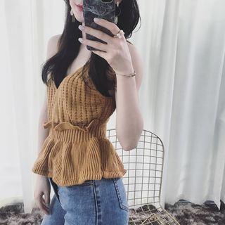 Set : Long-sleeve Knit Sweater + Spaghetti Strap Knit Top
