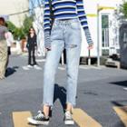 Washed Ripped Straight Cut Cropped Jeans