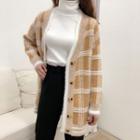 Color-block Plaid Long-sleeve Knit Cardigan As Shown In Figure - One Size